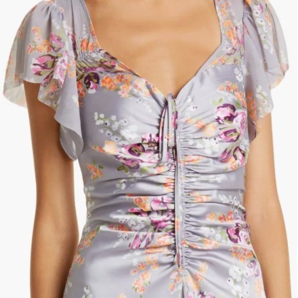 CINQ À SEPT Terrence Floral Print Ruched Flutter Sleeve Midi Dress Size 10 - Picture 9 of 9